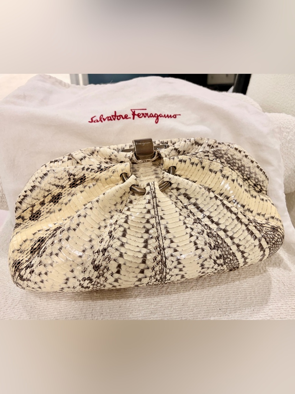 Salvatore Ferragamo Cream and Brown/Black Snakeskin Clutch